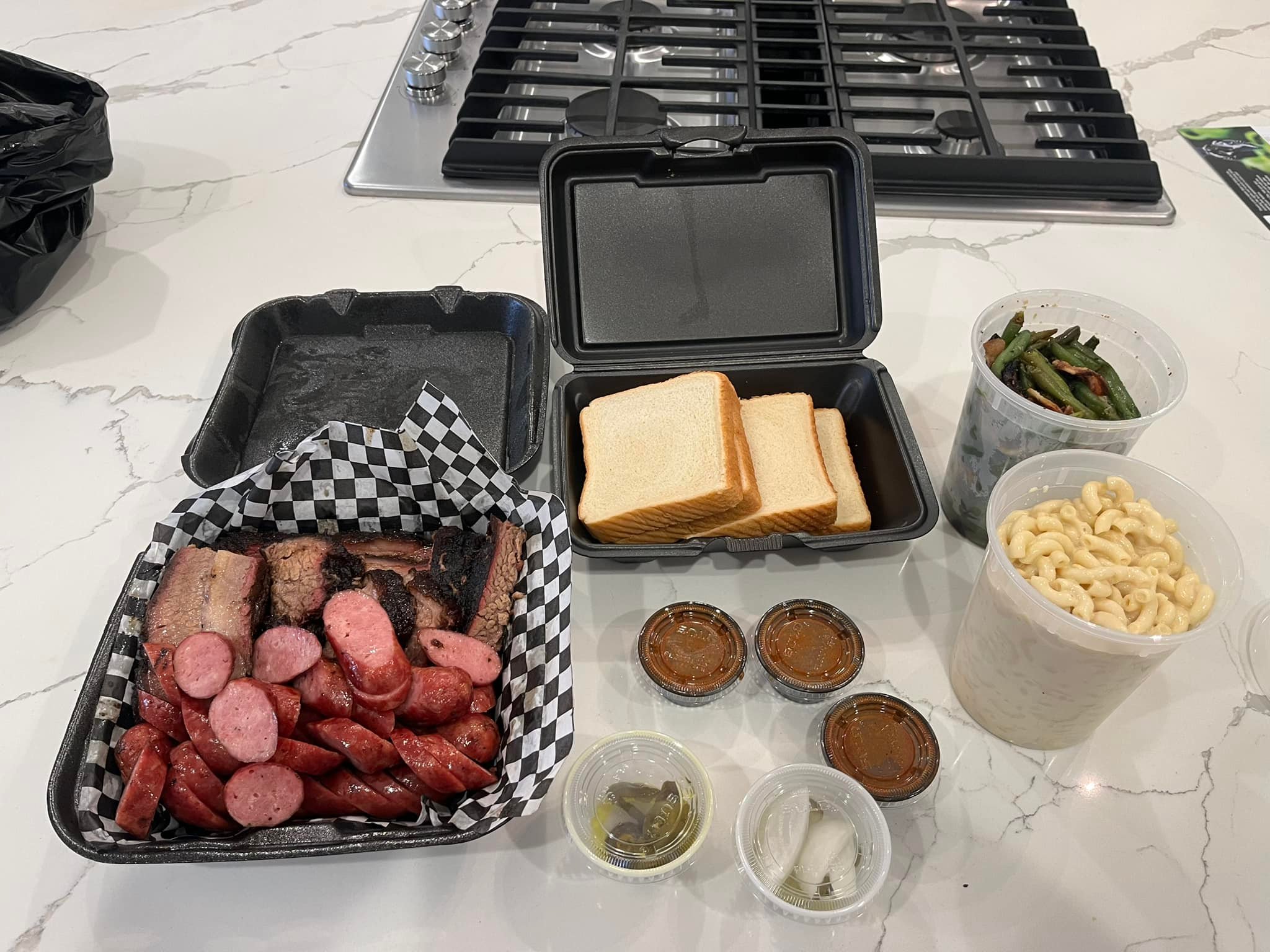 Fire Craft BBQ Chef David Welch Kingwood Texas Brisket and Sausage with Macaroni and Green Beans with Bacon