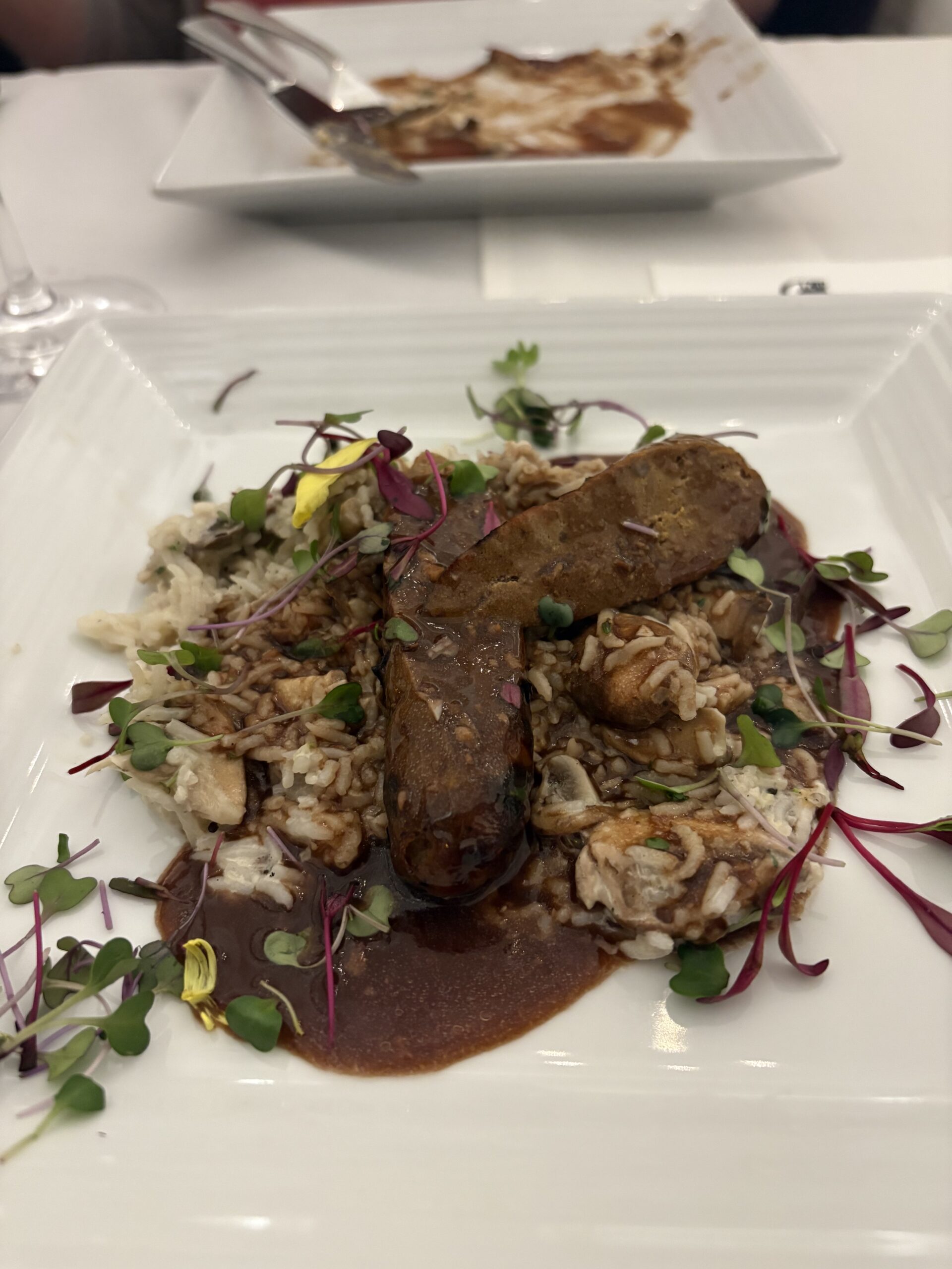 Friends of the Vine Deerwood Country Club Kingwood TX Spanish Wines Dinner Grilled Wild Boar Sausage with Mushroom Risotto paired with Ramon Bibao Gran Reserva 2012