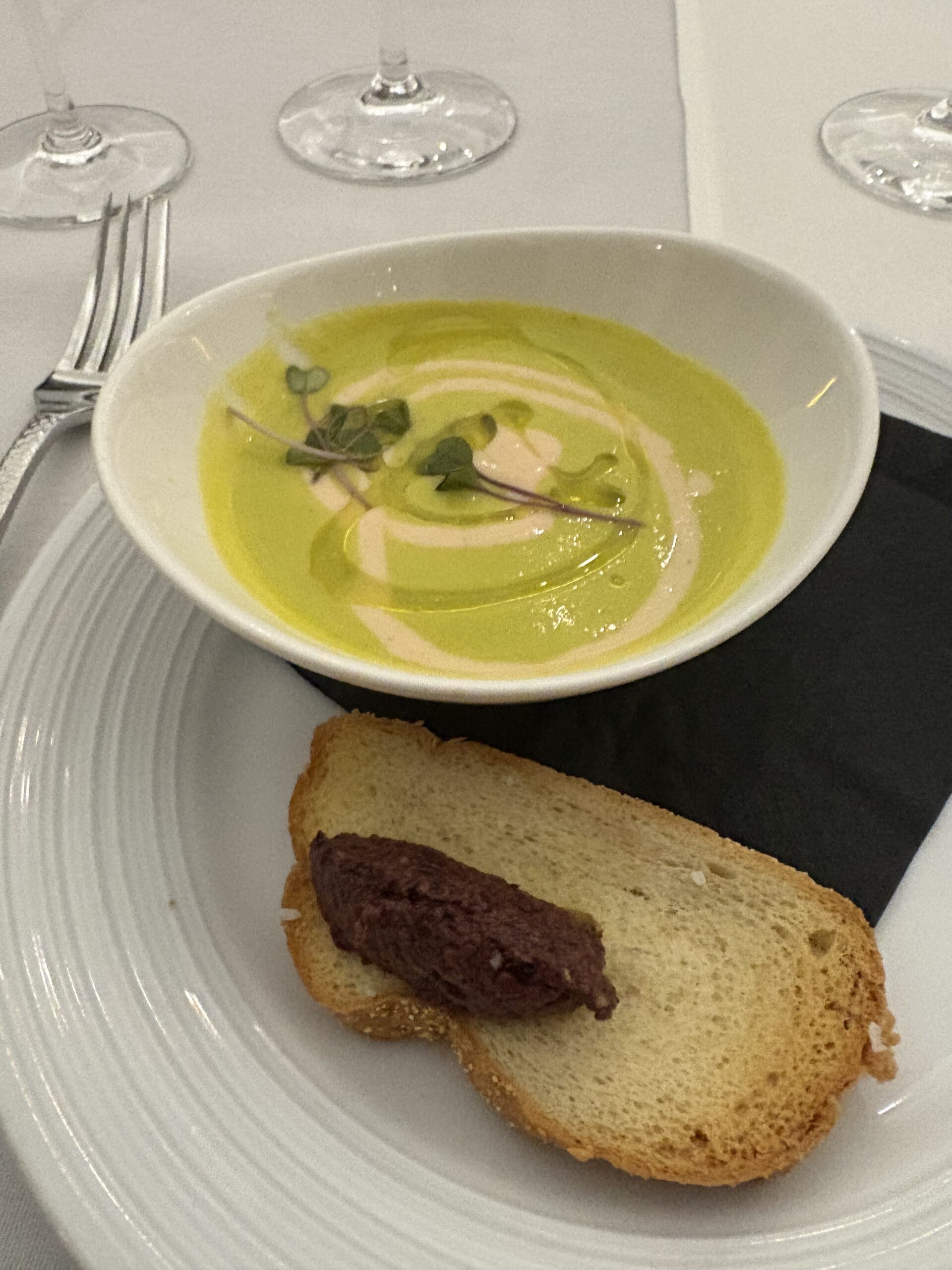 Friends of the Vine Deerwood Country Club Kingwood TX Spanish Wines Dinner Seafood Gazpacho with an Olive Tapenade Crostini Float paired with Aviana Verdejo 2022