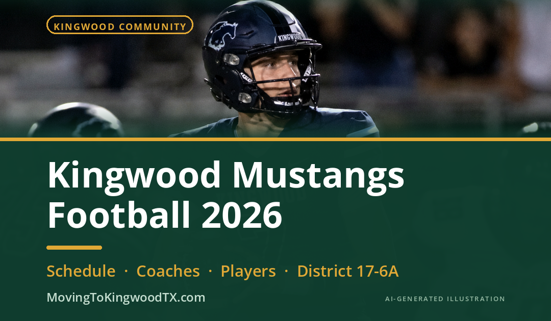 AI-generated illustration of a Kingwood Mustangs football player, used with the 2026 Kingwood High School football season guide